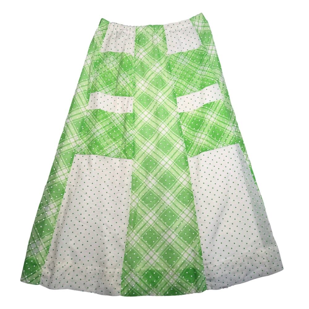Vtg 70s Chessa Davis Maxi Skirt Green Plaid Polka Dot Patchwork Boho Cottagecore
